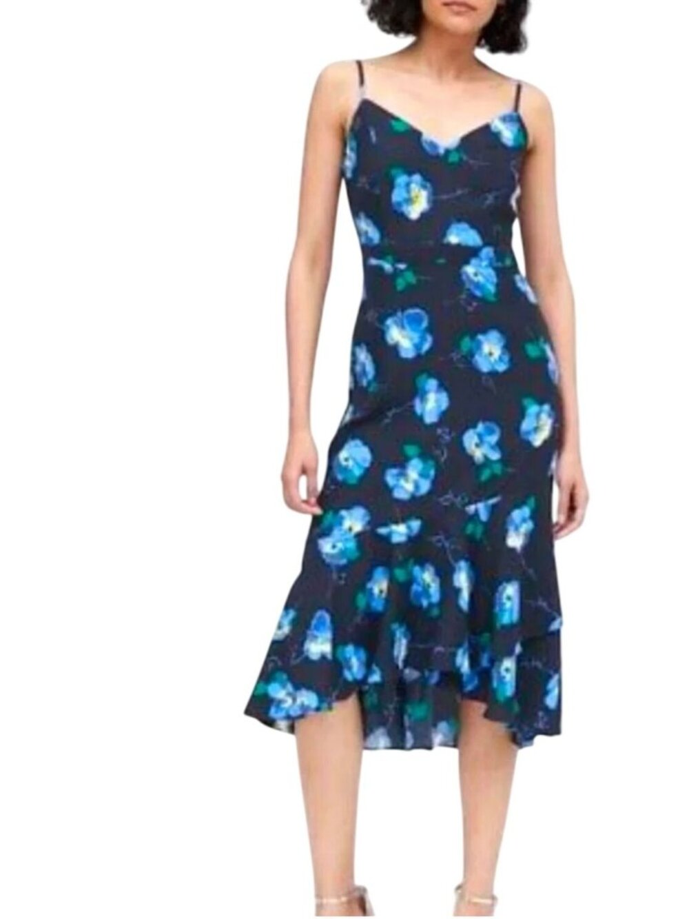 Banana Republic Navy Blue Floral Print Sleeveless Ruffle Hem Midi Dress Size 8P